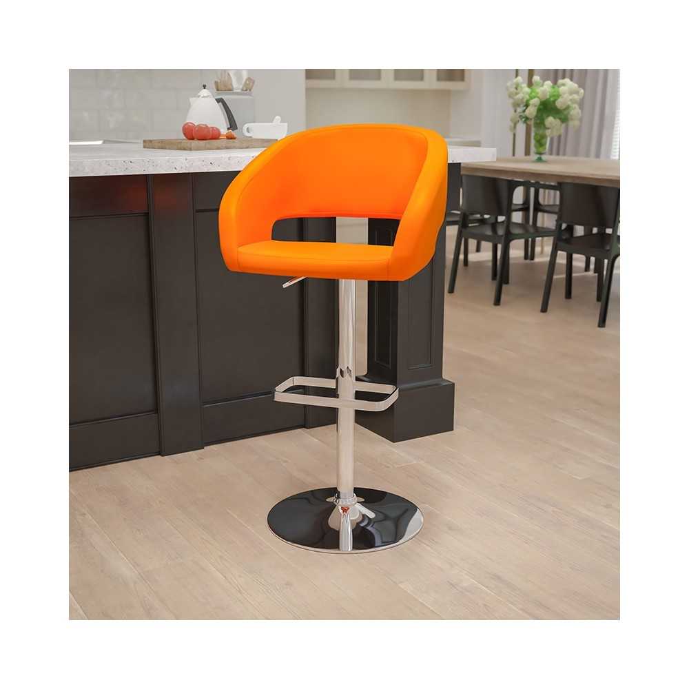 Contemporary Orange Vinyl Adjustable Height Barstool with Rounded Mid-Back and Chrome Base