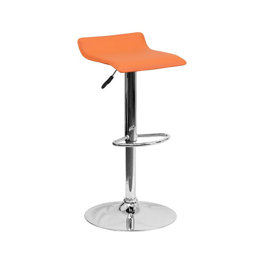 Contemporary Orange Vinyl Adjustable Height Barstool with Solid Wave Seat and Chrome Base