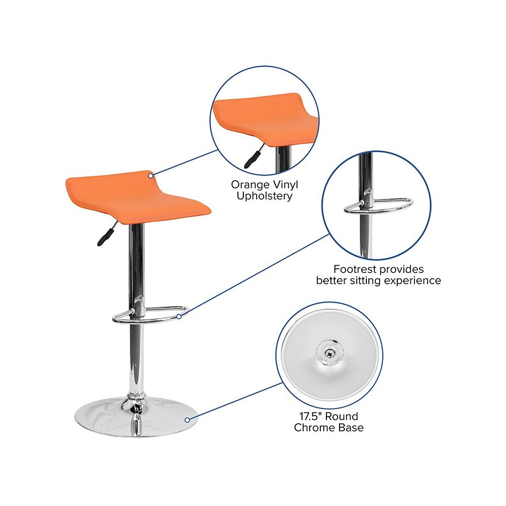 Contemporary Orange Vinyl Adjustable Height Barstool with Solid Wave Seat and Chrome Base