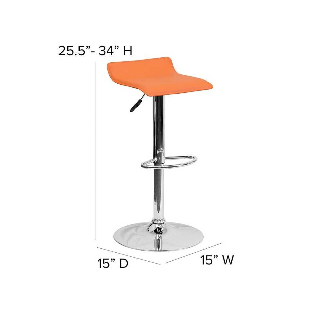 Contemporary Orange Vinyl Adjustable Height Barstool with Solid Wave Seat and Chrome Base