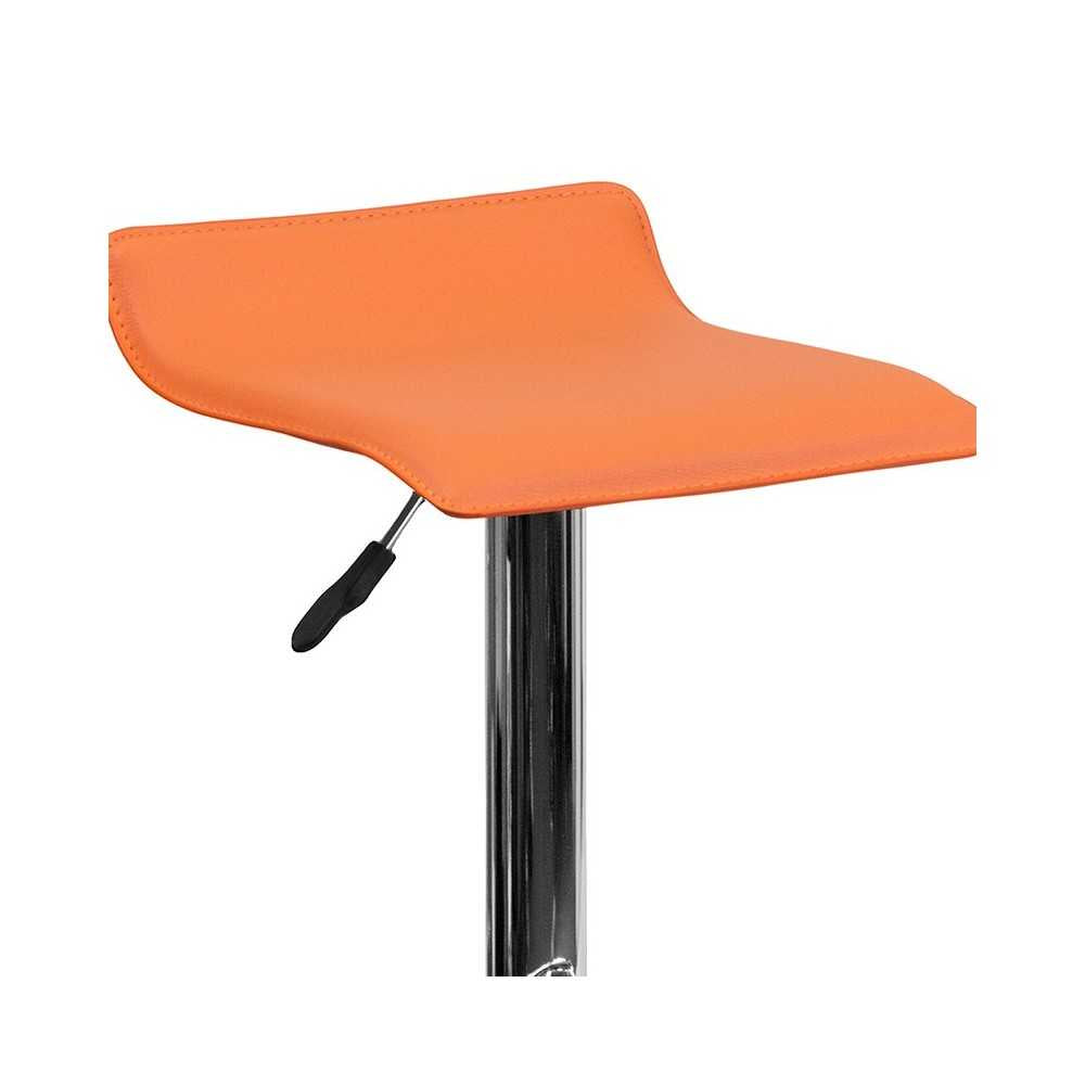 Contemporary Orange Vinyl Adjustable Height Barstool with Solid Wave Seat and Chrome Base