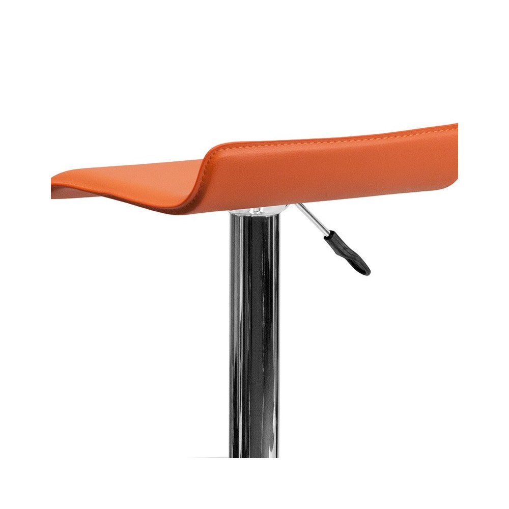 Contemporary Orange Vinyl Adjustable Height Barstool with Solid Wave Seat and Chrome Base