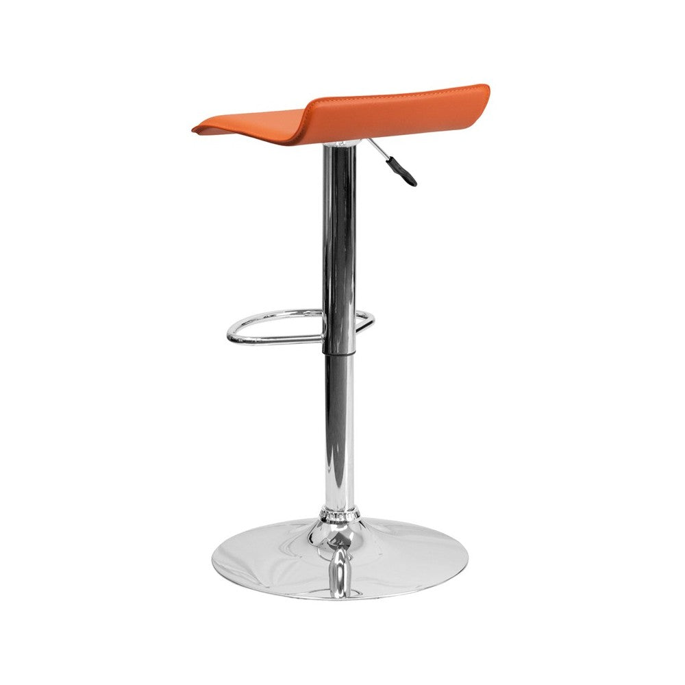 Contemporary Orange Vinyl Adjustable Height Barstool with Solid Wave Seat and Chrome Base