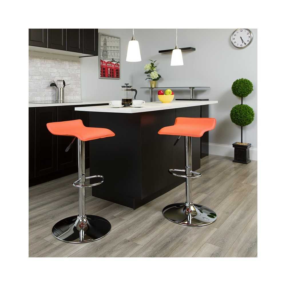 Contemporary Orange Vinyl Adjustable Height Barstool with Solid Wave Seat and Chrome Base