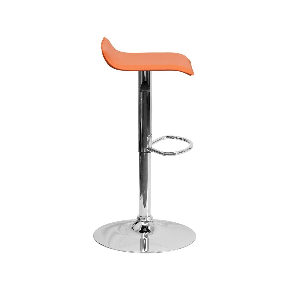Contemporary Orange Vinyl Adjustable Height Barstool with Solid Wave Seat and Chrome Base