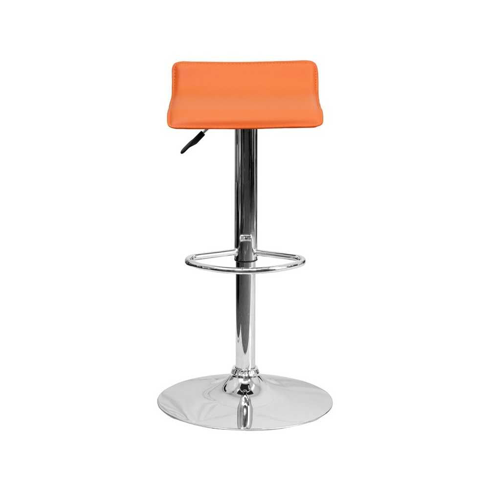 Contemporary Orange Vinyl Adjustable Height Barstool with Solid Wave Seat and Chrome Base