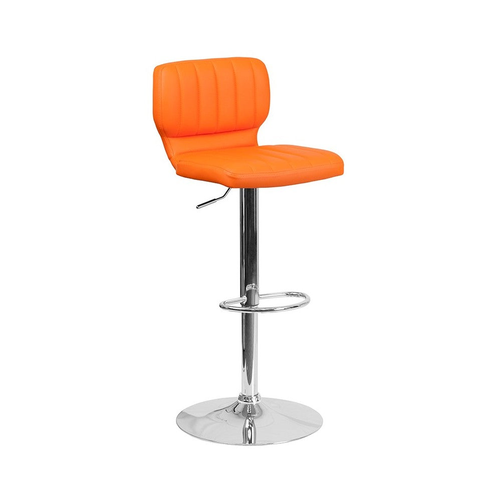 Contemporary Orange Vinyl Adjustable Height Barstool with Vertical Stitch Back and Chrome Base