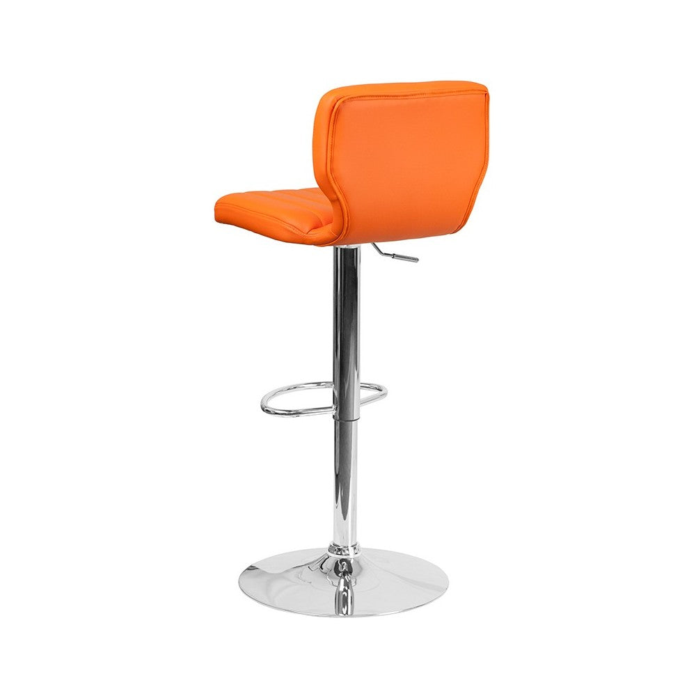 Contemporary Orange Vinyl Adjustable Height Barstool with Vertical Stitch Back and Chrome Base
