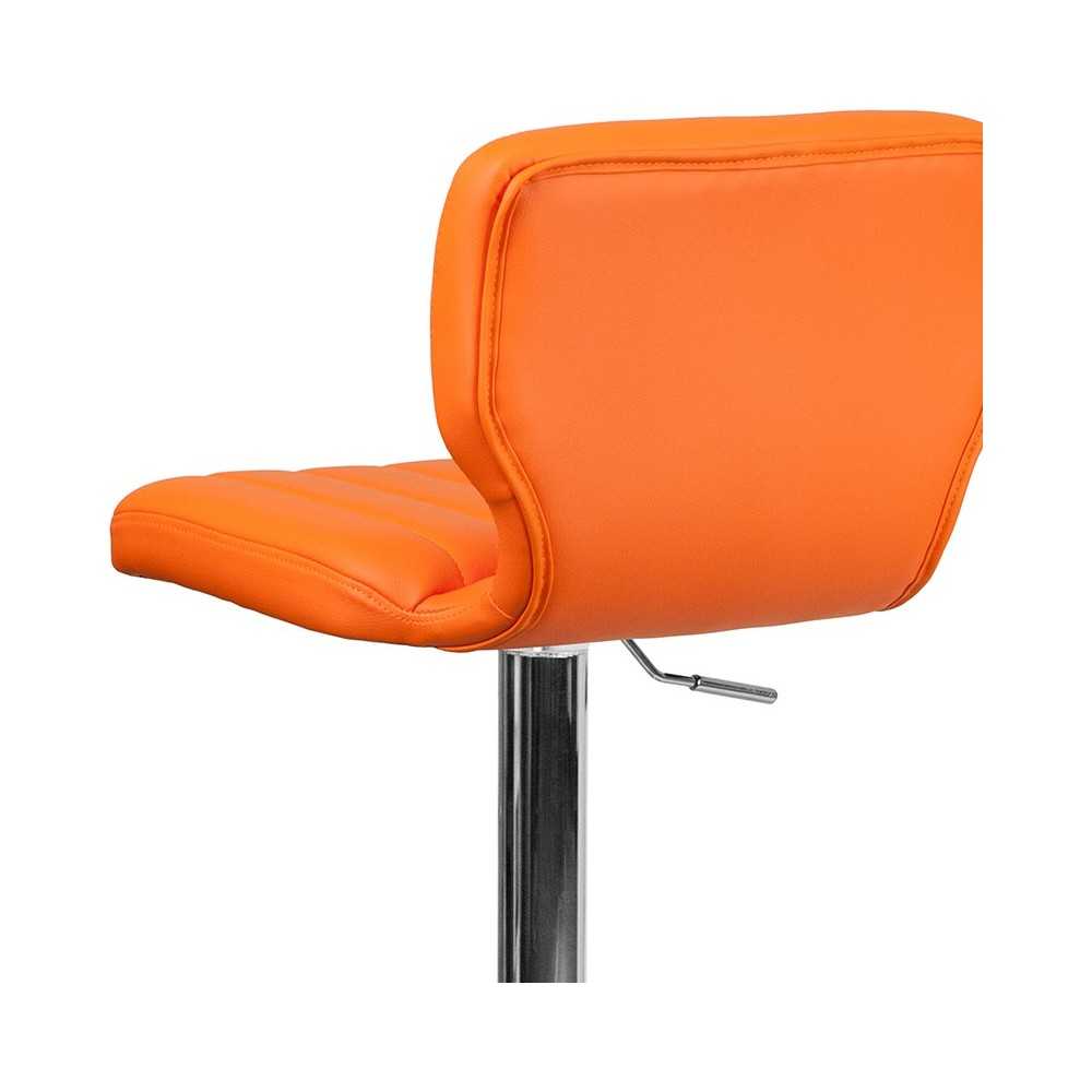 Contemporary Orange Vinyl Adjustable Height Barstool with Vertical Stitch Back and Chrome Base