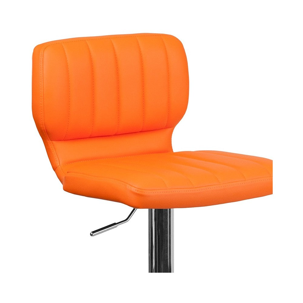 Contemporary Orange Vinyl Adjustable Height Barstool with Vertical Stitch Back and Chrome Base