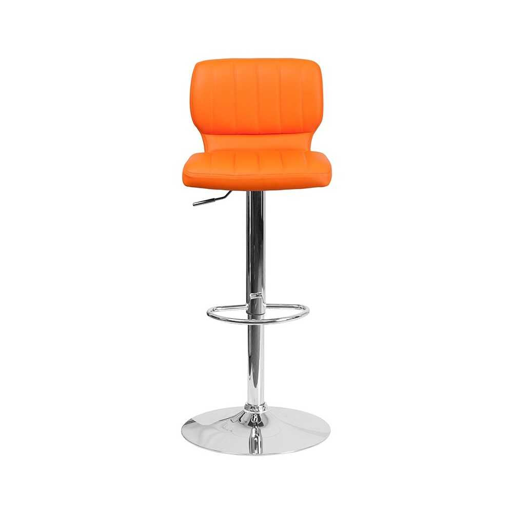 Contemporary Orange Vinyl Adjustable Height Barstool with Vertical Stitch Back and Chrome Base