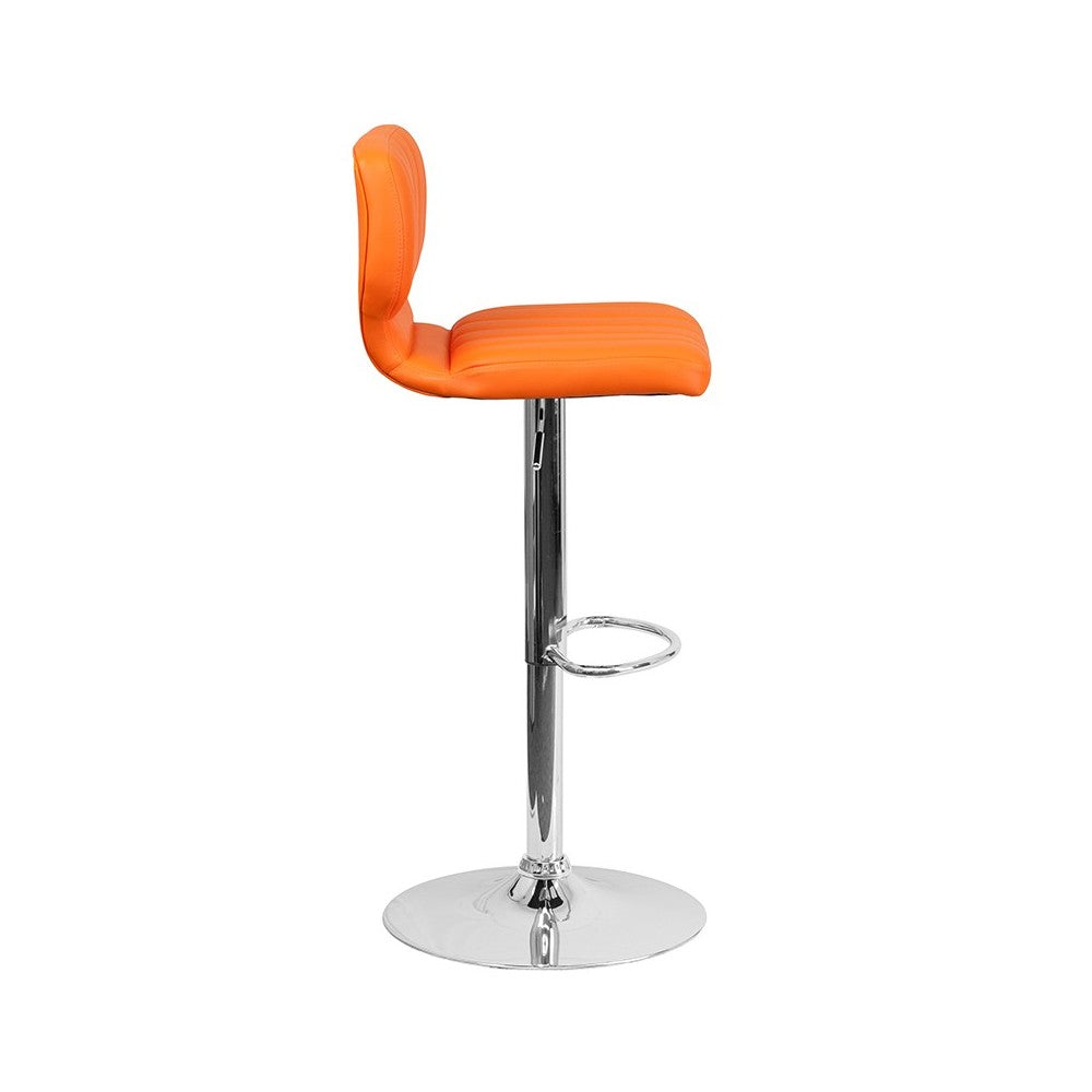 Contemporary Orange Vinyl Adjustable Height Barstool with Vertical Stitch Back and Chrome Base