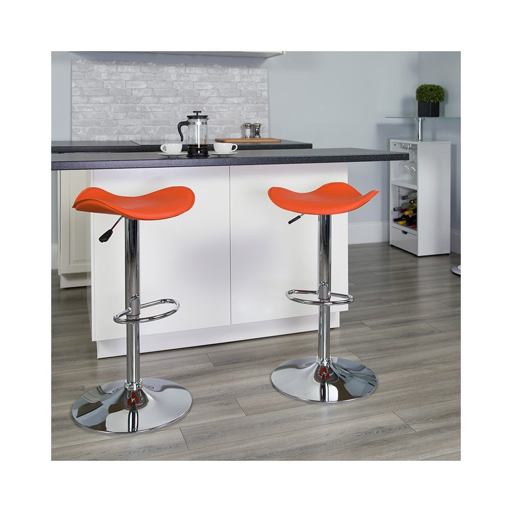 Contemporary Orange Vinyl Adjustable Height Barstool with Wavy Seat and Chrome Base