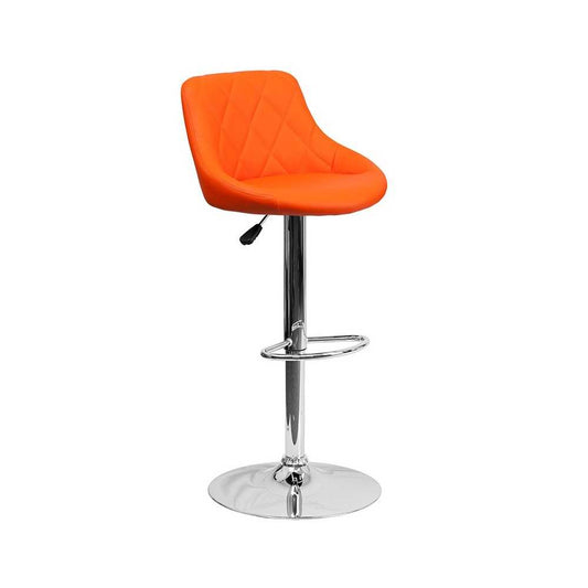 Contemporary Orange Vinyl Bucket Seat Adjustable Height Barstool with Diamond Pattern Back and Chrome Base