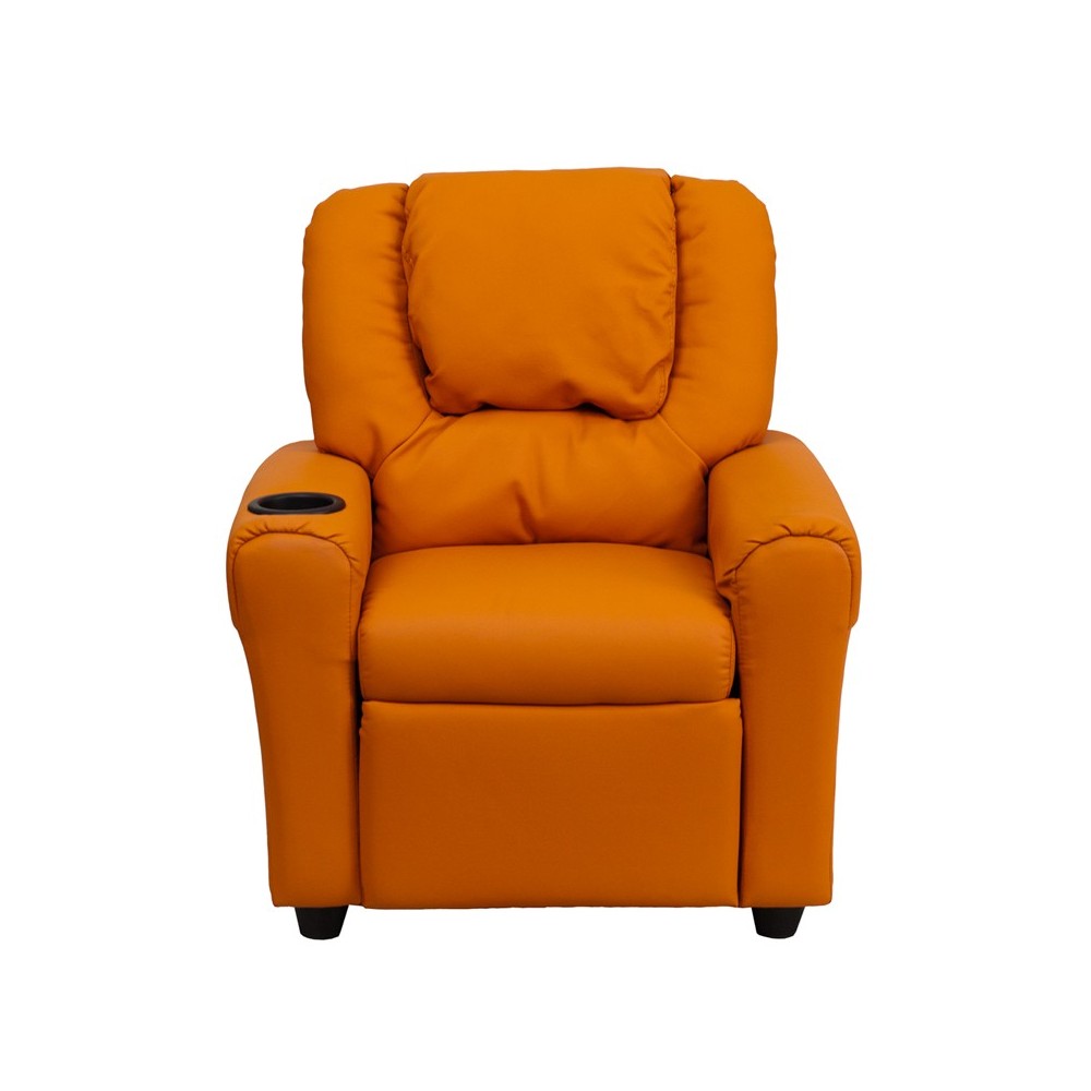 Contemporary Orange Vinyl Kids Recliner with Cup Holder and Headrest