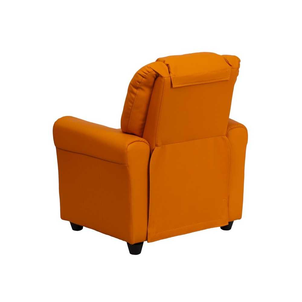 Contemporary Orange Vinyl Kids Recliner with Cup Holder and Headrest