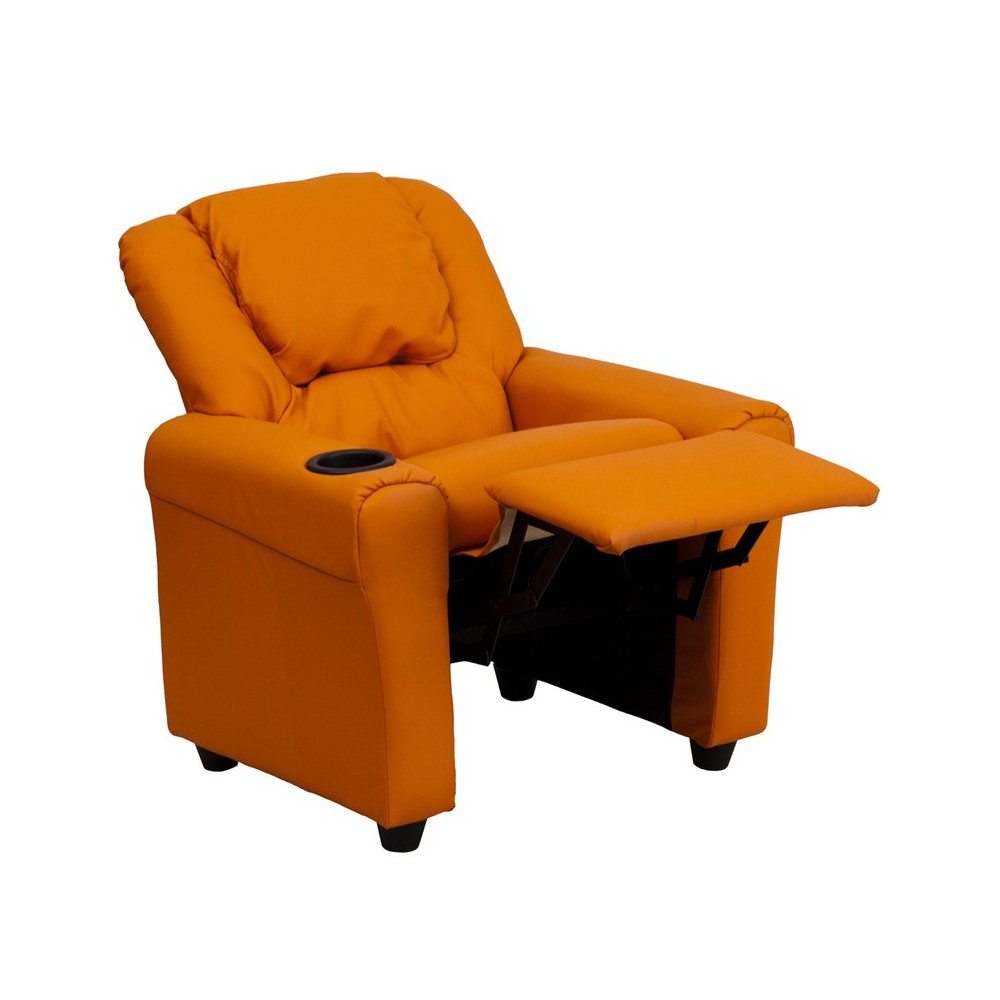 Contemporary Orange Vinyl Kids Recliner with Cup Holder and Headrest