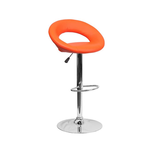 Contemporary Orange Vinyl Rounded Orbit-Style Back Adjustable Height Barstool with Chrome Base