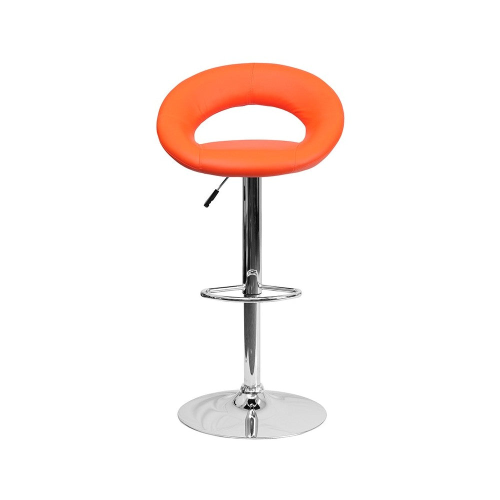 Contemporary Orange Vinyl Rounded Orbit-Style Back Adjustable Height Barstool with Chrome Base