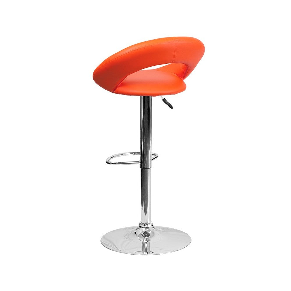 Contemporary Orange Vinyl Rounded Orbit-Style Back Adjustable Height Barstool with Chrome Base