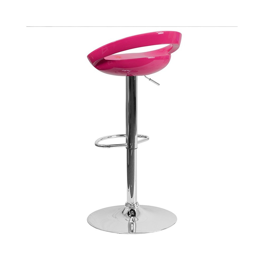 Contemporary Pink Plastic Adjustable Height Barstool with Rounded Cutout Back and Chrome Base