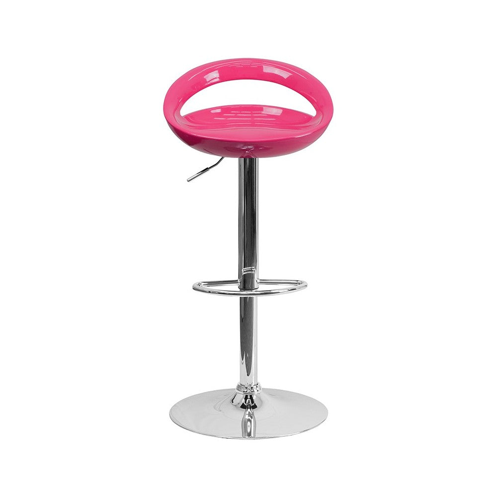 Contemporary Pink Plastic Adjustable Height Barstool with Rounded Cutout Back and Chrome Base