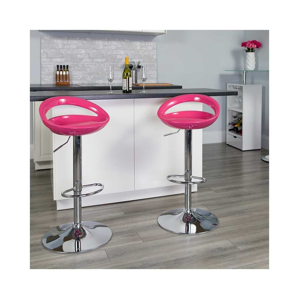 Contemporary Pink Plastic Adjustable Height Barstool with Rounded Cutout Back and Chrome Base