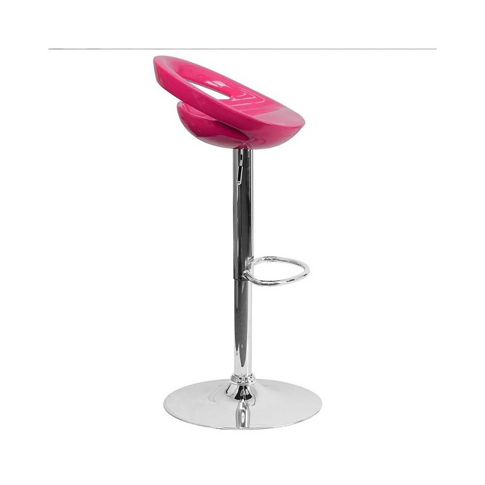 Contemporary Pink Plastic Adjustable Height Barstool with Rounded Cutout Back and Chrome Base