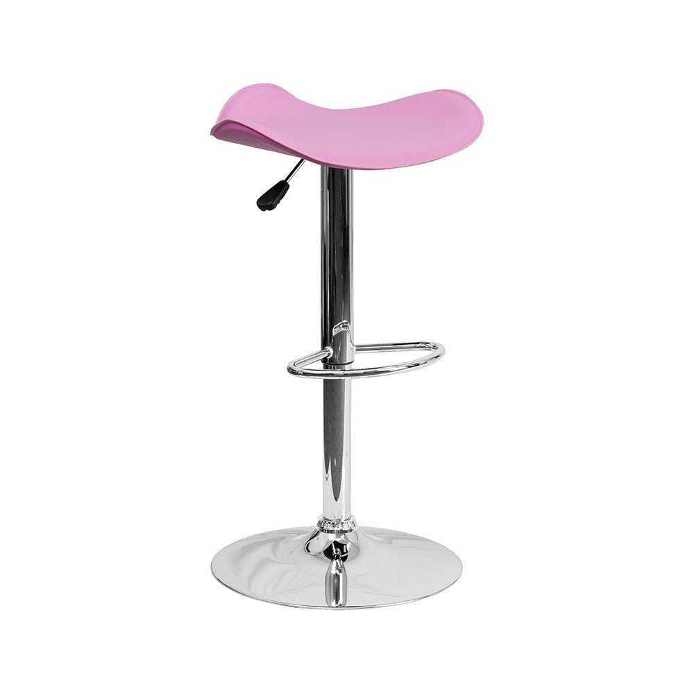 Contemporary Pink Vinyl Adjustable Height Barstool with Wavy Seat and Chrome Base