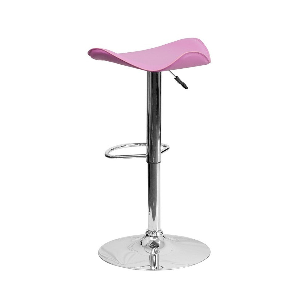 Contemporary Pink Vinyl Adjustable Height Barstool with Wavy Seat and Chrome Base