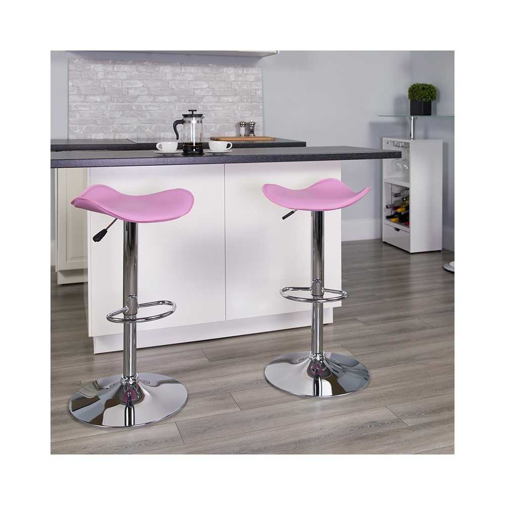 Contemporary Pink Vinyl Adjustable Height Barstool with Wavy Seat and Chrome Base