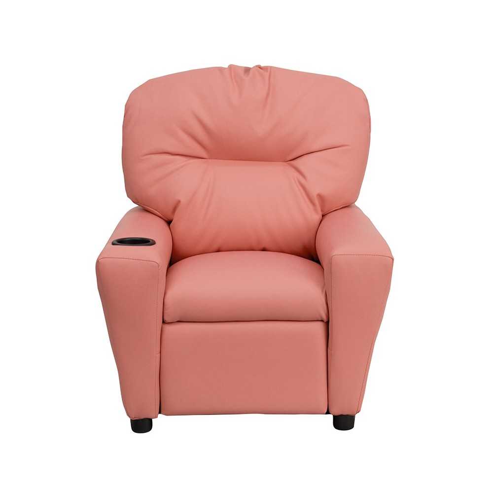 Contemporary Pink Vinyl Kids Recliner with Cup Holder
