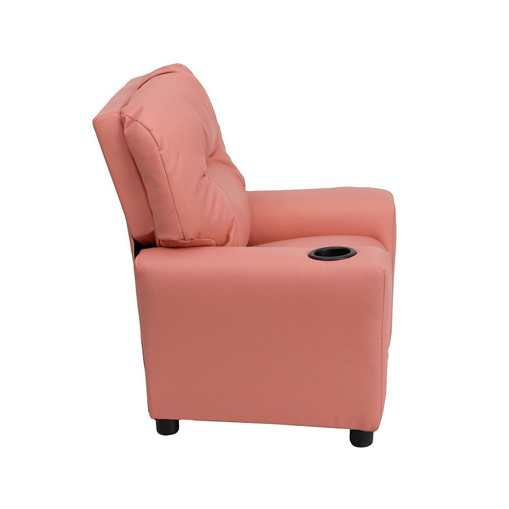Contemporary Pink Vinyl Kids Recliner with Cup Holder