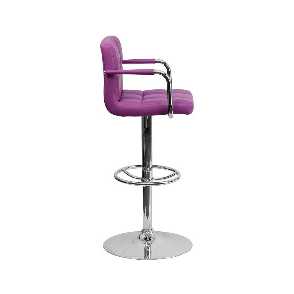 Contemporary Purple Quilted Vinyl Adjustable Height Barstool with Arms and Chrome Base