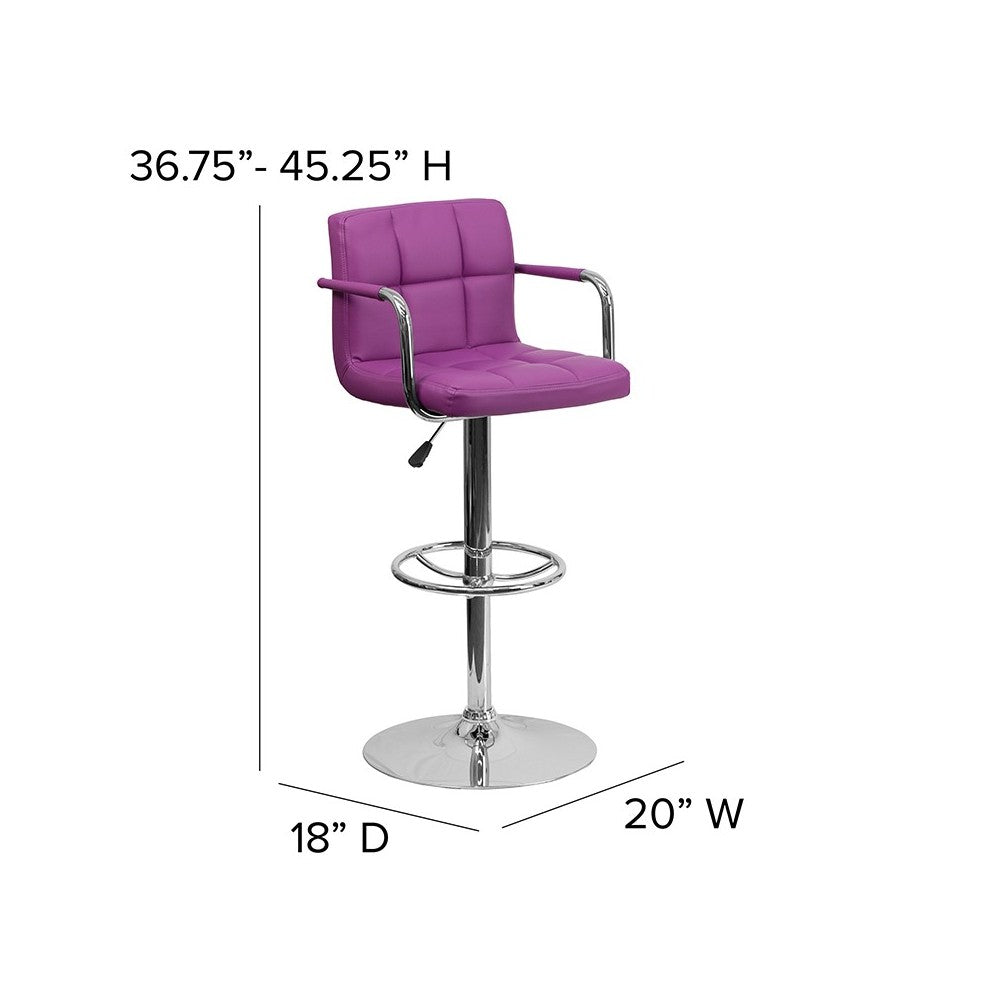 Contemporary Purple Quilted Vinyl Adjustable Height Barstool with Arms and Chrome Base