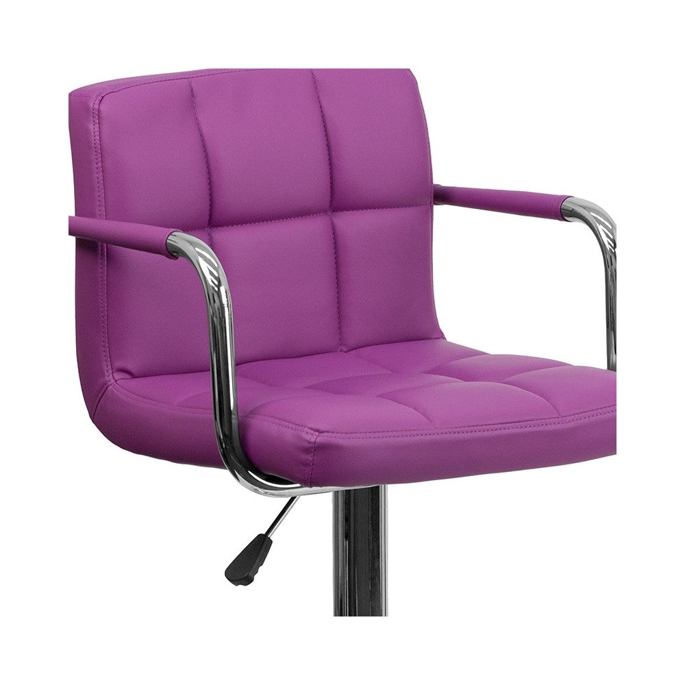 Contemporary Purple Quilted Vinyl Adjustable Height Barstool with Arms and Chrome Base