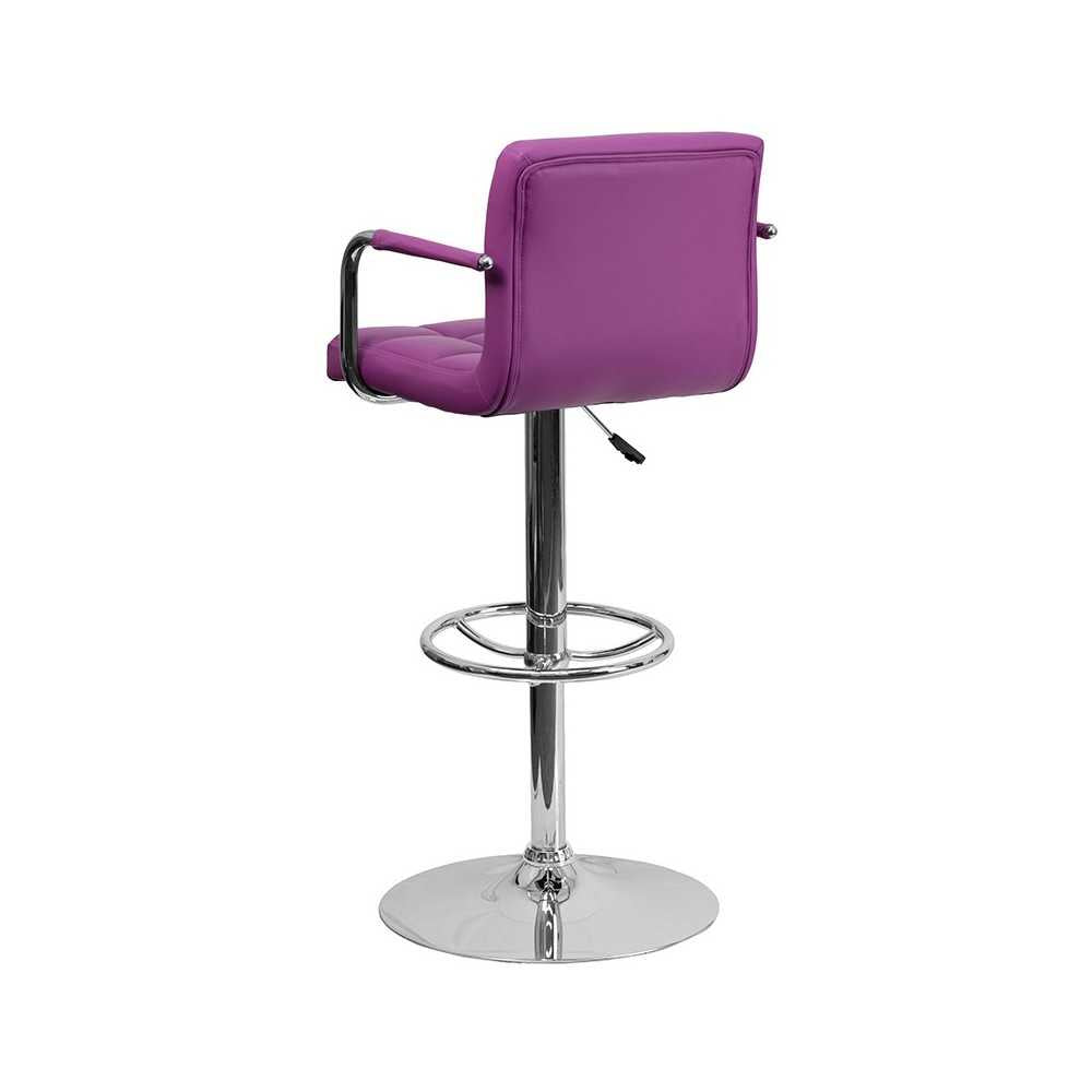 Contemporary Purple Quilted Vinyl Adjustable Height Barstool with Arms and Chrome Base