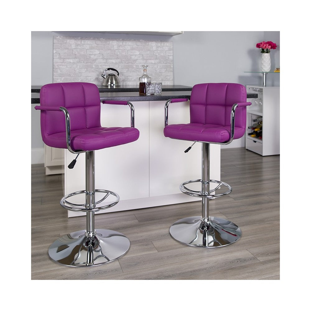 Contemporary Purple Quilted Vinyl Adjustable Height Barstool with Arms and Chrome Base