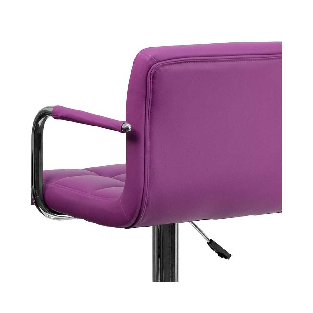 Contemporary Purple Quilted Vinyl Adjustable Height Barstool with Arms and Chrome Base