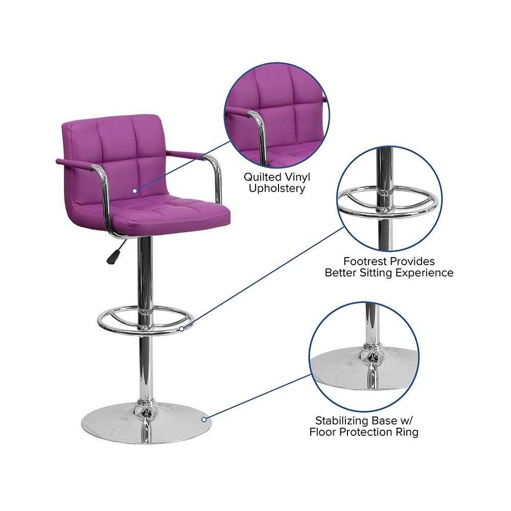 Contemporary Purple Quilted Vinyl Adjustable Height Barstool with Arms and Chrome Base