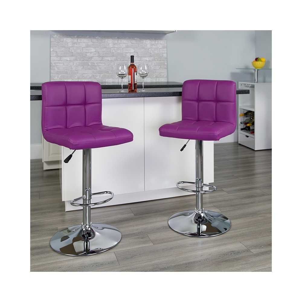 Contemporary Purple Quilted Vinyl Adjustable Height Barstool with Chrome Base