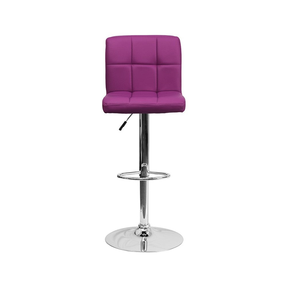 Contemporary Purple Quilted Vinyl Adjustable Height Barstool with Chrome Base