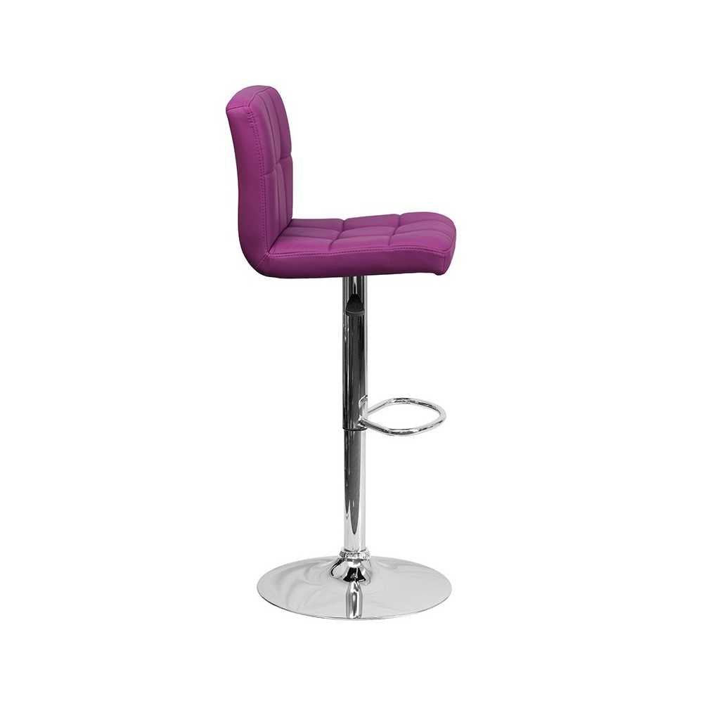 Contemporary Purple Quilted Vinyl Adjustable Height Barstool with Chrome Base