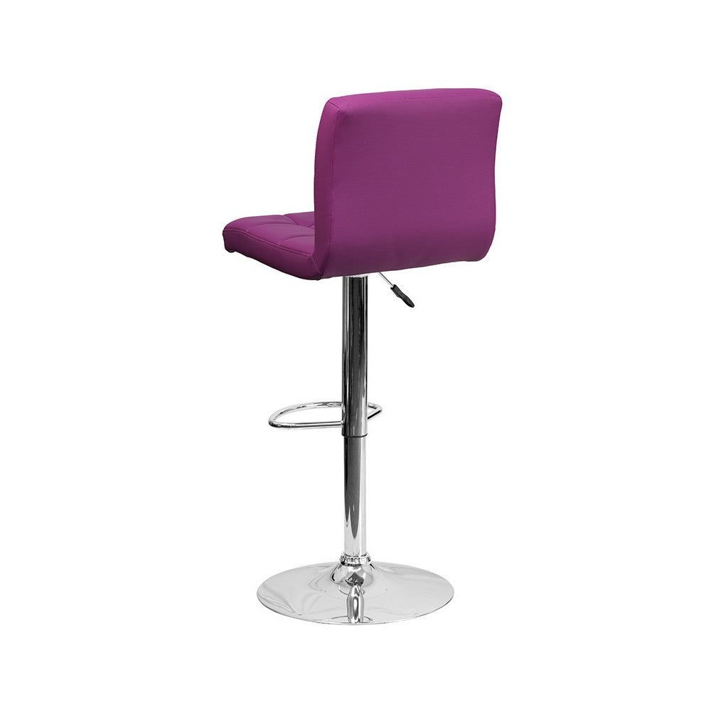 Contemporary Purple Quilted Vinyl Adjustable Height Barstool with Chrome Base