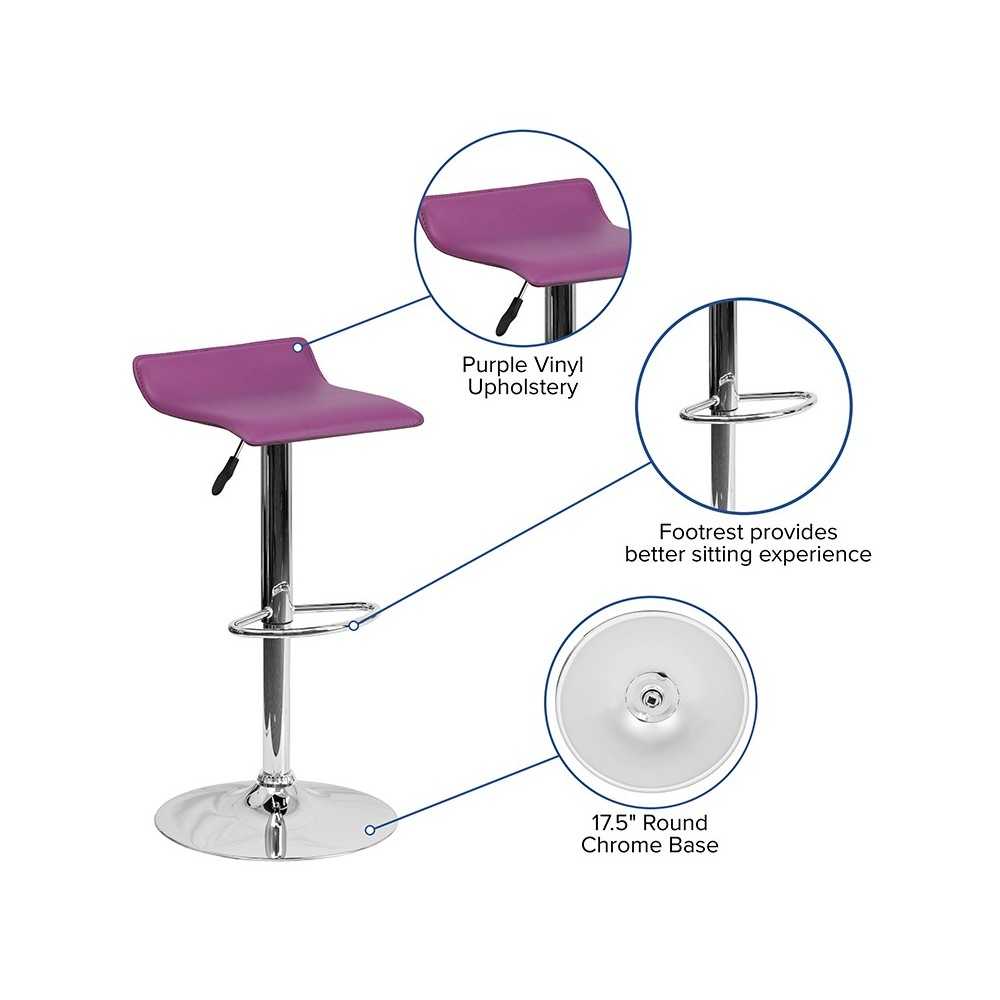 Contemporary Purple Vinyl Adjustable Height Barstool with Solid Wave Seat and Chrome Base