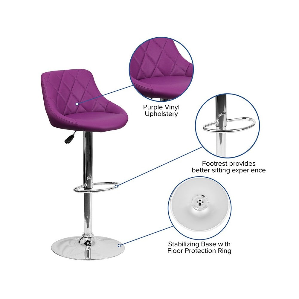 Contemporary Purple Vinyl Bucket Seat Adjustable Height Barstool with Diamond Pattern Back and Chrome Base