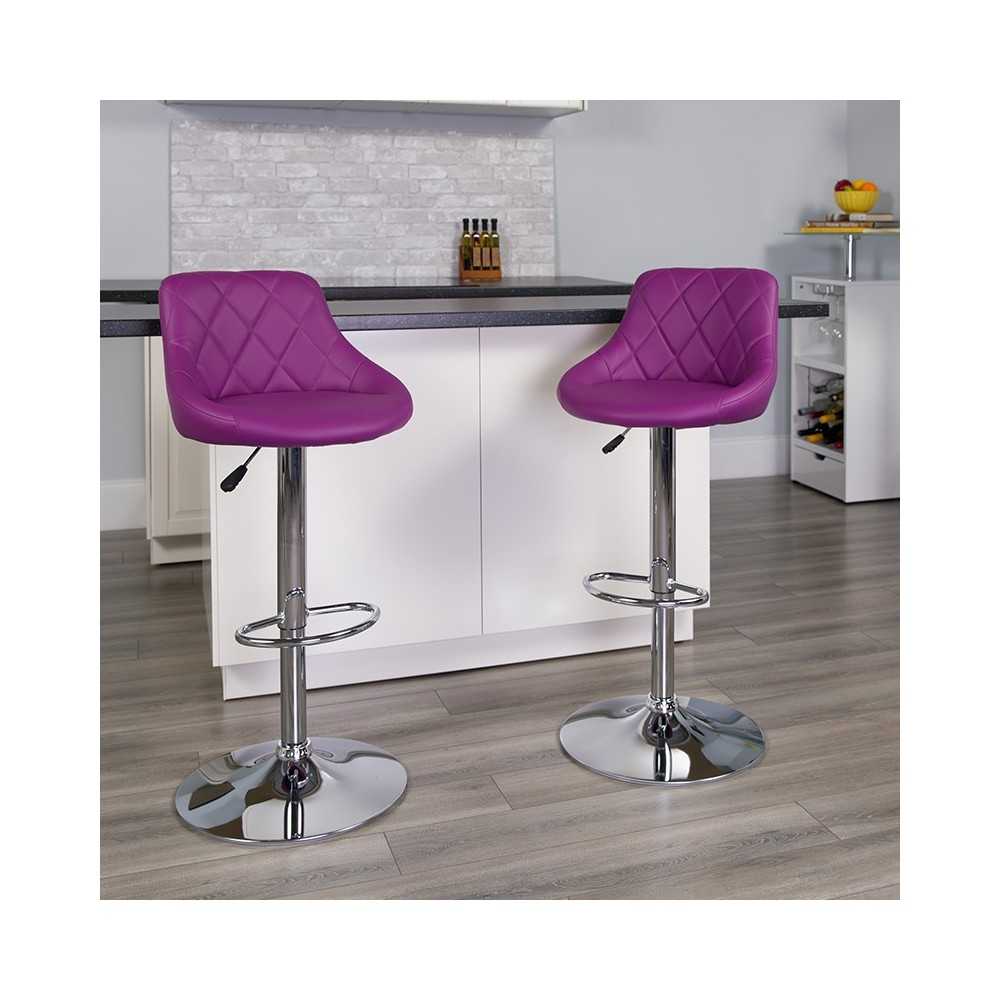 Contemporary Purple Vinyl Bucket Seat Adjustable Height Barstool with Diamond Pattern Back and Chrome Base