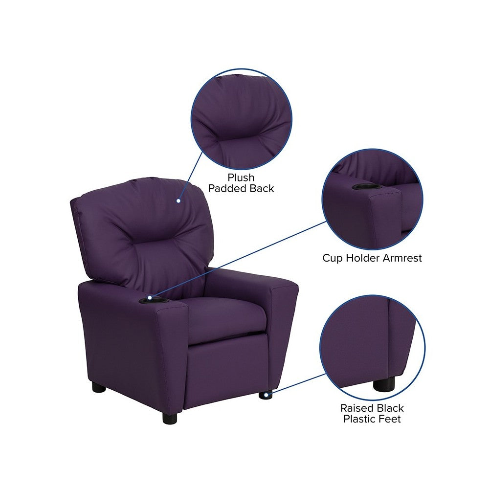 Contemporary Purple Vinyl Kids Recliner with Cup Holder