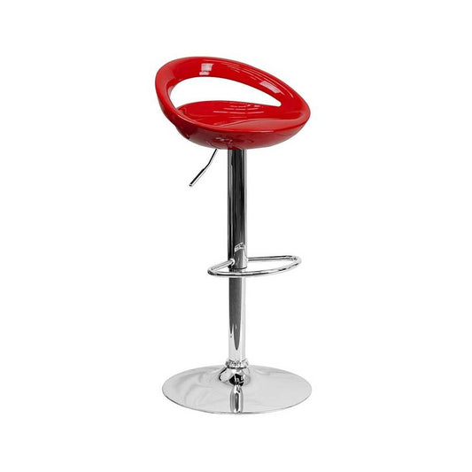 Contemporary Red Plastic Adjustable Height Barstool with Rounded Cutout Back and Chrome Base