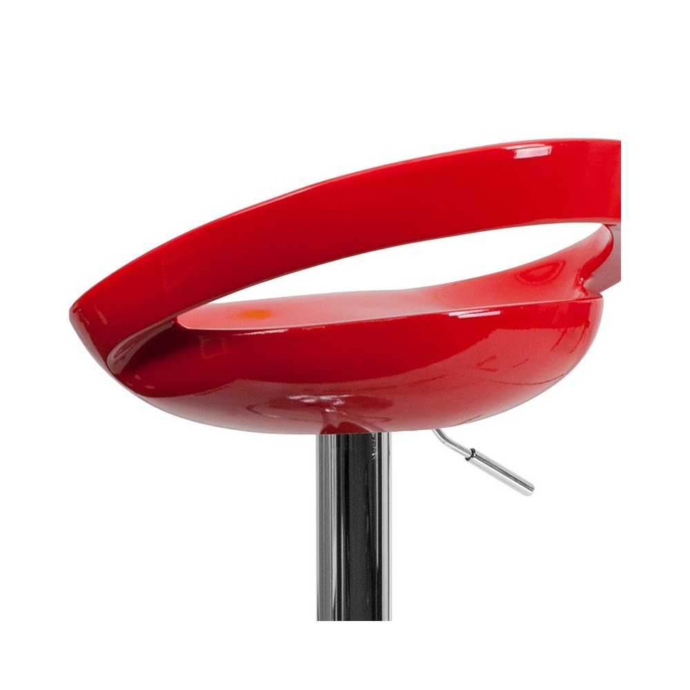 Contemporary Red Plastic Adjustable Height Barstool with Rounded Cutout Back and Chrome Base